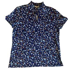 Chico’s Golf Style Blue Floral Cap Sleeve Half Zip Ruffle Top Size 0 (Small)
